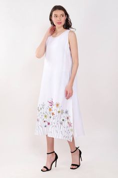 White dress with thread placement embroidery in floral pattern. - Aza Fashions White Embroidered A-line Dress For Spring, Spring Floral Embroidered A-line Maxi Dress, Summer A-line Sleeveless Dress With Floral Embroidery, Summer Sleeveless A-line Dress With Floral Embroidery, Summer Floral Print Embroidered Midi Dress, Summer Floral Print Midi Embroidered Dress, Sleeveless Midi Dress With Floral Applique For Summer, Floral Embroidered A-line Midi Dress For Summer, Spring Sleeveless Sundress With Floral Embroidery