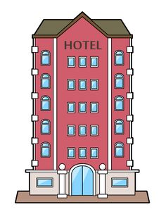 a red hotel building with windows on the front and side, it's flat design