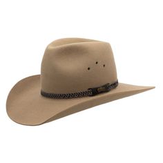 The Golden Spur is a classic Western inspired hat with a pinched, tapered crown and a firm brim with slight curling in the front quarters. This is a statement hat for work or for best, and if you're looking for something a little American with the quality of Australian-made, the Golden Spur will do the trick. Features: 98mm cut brim Plaited cord and faux-leather band Ventilation eyelets Genuine leather sweatband Made in Kempsey, Australia Fabric: 100% Rabbit fur felt, satin lining For general care tips, please see our HAT CARE page.  Please note: Colours may vary slightly from photographs. Akubra Hats, Statement Hat, Country Hats, Rough Riders, Head Shapes, Rabbit Fur, Leather Belts, Top Hat, Hat Sizes