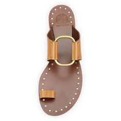 Tory Burch Brannan Studded Toe-Ring Sandal ($235) ❤ liked on Polyvore featuring shoes, sandals, toe-ring sandals, strappy toe loop sandals, slip on sandals, slip on flats and studded sandals Sandals Greek, Toe Ring Sandals, Toe Loop Sandals, Sandals Strappy, Studded Sandals, Greek Sandals, Toe Ring, Leather Slippers, Cute Sandals