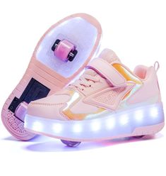 PRICES MAY VARY. The Favorite gift: There are 7 colors of shiny lights, 11 light modes, static, flashing, and fast flashing. The appearance is Polyurethane Synthetic Leather and colorful reflective materials, the sole is transparent TPR material, beautiful shoes, fashionable and novel design, it is a good choice for birthday gifts, Christmas gifts, and parties! Multifunctional: easy to use, the wheels can be stowed, you can choose to release the wheels when you need to slide, and immediately ret Shoes With Wheels, Skate Boy, Led Light Color, Girls Roller Skates, Logo Game, Roller Skate Shoes, Roller Shoes, Led Shoes, Narrow Shoes