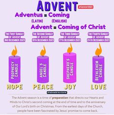 an advert for the christmas season with candles and words on them that say, hope, peace, joy