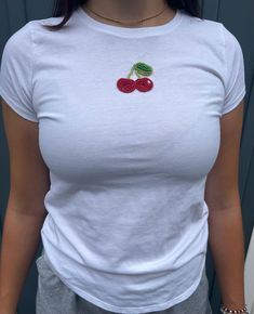 Bead embroidered cherry design top  -handmade Casual Embellished T-shirt, Cherry Bead Embroidery, Trendy Fitted Embroidered T-shirt, Casual Cherry Summer Tops, Spring Embellished Cotton T-shirt, Embellished Cotton T-shirt For Spring, Fitted Casual T-shirt With Custom Embroidery, Cherry Short Sleeve Tops For Summer, Spring Casual Embellished Tops