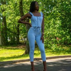 Ready For The Summer And All It Has To Offer! Our Denim Ruffle Jumpsuit Huge Your Curves And Is A Perfect Addition To Your Summer Wardrobe! You’ll Enjoy The Stretch And Ruffles! -Tall Girl Friendly -Curvy Girl Friend Blue Stretch Denim Jumpsuit For Summer, Blue High Rise Stretch Jumpsuits And Rompers, Blue Stretch High Rise Jumpsuits And Rompers, Blue Stretch Denim Jumpsuits And Rompers, Blue Stretch Denim Jumpsuit, Fitted Denim Jumpsuits And Rompers For Day Out, Fitted Denim Blue Jumpsuits And Rompers For Day Out, Fitted Sleeveless Overalls For Day Out, Stretch Blue Overalls For Summer