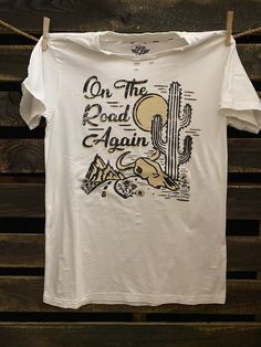 Country Deep On The Road Again Distressed unisex T-shirt  Feel the vintage 70's vibes in our vintage-inspired mama Tried distressed Boy friend T-shirt  - Western Tee Shirts, Mama Tried, Desert Scene, Western Tee, 70s Vibes, Distressed T Shirt, Baby Crop Top, Distressed Tee, Western Look