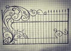 an iron gate with vines and leaves on it, drawn in graphite by hand