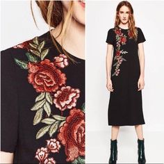 Zara Embroidered Midi Dress Is Detailed With Floral Embroidery And Finished With Two Slits On Each Side. 16 1/2 Inches Measured From Armpit To Armpit. 47 1/2 Inches Measured From Top Of Shoulder To Bottom Hem. Short Sleeve Embroidered Midi Dress, Fitted Short Sleeve Embroidered Midi Dress, Black Embroidered Midi Dress For Spring, Spring Black Embroidered Midi Dress, Black Midi Dress With Floral Embroidery And Short Sleeves, Black Floral Embroidery Midi Dress, Zara Short Sleeve Dresses With Floral Embroidery, Black Dresses With Intricate Embroidery For Spring, Black Dress With Intricate Embroidery For Spring