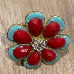 Pretty Large Flower Ring On Elastic Band With Crystal Center. Brand New! Elastic Rings, Enamel Flowers, Turquoise Flowers, Red Turquoise, Enamel Flower, Flower Ring, Large Flowers, Womens Jewelry Rings, Elastic Band