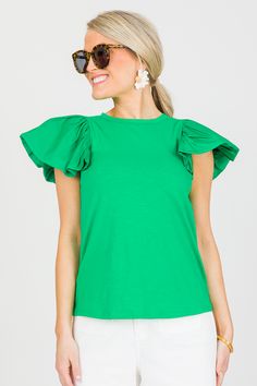 Poplin flutter sleeves give this simple knit top such a cute and preppy vibe. The body is made up of a knit poly-blend that offers comfortable stretch. Big Puffy Sleeves, Professional Dresses For Work, Professional Dress, Blue Door, Professional Dresses, Puffy Sleeves, Green Tops, Flutter Sleeves, Kelly Green