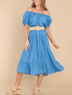 Dress to impress with this sophisticated MADELINA TIERED DENIM MIDI DRESS. Crafted with a luxe blend of cotton and denim, its tiered construction exudes an air of elegance and fashion-forward appeal. A must-have for any fashionable wardrobe, this modern midi is sure to turn heads. Size Guide: Model is 5’5” tall, and has a 33.25” bust, 26.5” waist, & 35.6” hips. She is wearing a S / US 4 / AU 8. This dress is true to size. Material: 65% Polyester, 35% Cotton Feature: Lightweight Fabrication. Shor Denim Midi Dress, Red Dress Boutique, Midi Dress Summer, Daily Dress, Blue Midi Dress, Tier Skirt, Boutique Dresses, Beach Dress, Xl Dress