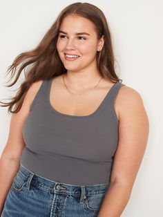 Our First Layer tank top is fitted, flattering & soft.  Great outfits start here ➡️ Scoop neck.  Sleeveless arm openings.  Rib-knit cotton-blend, with comfortable stretch.  @modelsizes 5’9":S | 5'7":L | 5'10":XL @modelsizes Fitted through body. Everyday Ribbed Camisole With Scoop Neck, Everyday Ribbed Scoop Neck Camisole, Gray Ribbed Scoop Neck Top, Everyday Solid Scoop Neck Crop Top, Casual Seamless Camisole With Scoop Back, Everyday Solid Color Scoop Neck Crop Top, Casual Seamless Crew Neck Tank Top, Casual Gray Scoop Neck Tank Top, Casual Stretch Knit Top With Scoop Neck