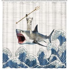 a shower curtain with an image of a shark and a man on top of it