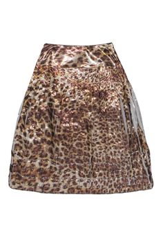 Current Boutique-St. John - Brown & Beige Metallic Leopard Print Pleated Midi Skirt Sz 4 Chic Flowy Metallic Skirt, Chic Metallic Flowy Skirt, Elegant Leopard Print Lined Skirt, Leopard Print Skirt For Fall Party, Fall Leopard Print Party Skirt, Fall Leopard Print Skirt For Party, Fall Metallic Pleated Skirt, Fitted Leopard Print Party Skirt, Fitted Leopard Print Skirt For Party