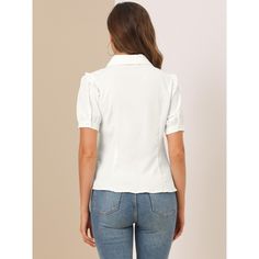 The beautiful and soft blouse adds a touch of elegant, feminine style to your wardrobe. It suits spring and summer and for many occasions, such as casual, work, office, meeting, dating, weekend, leisure, and daily wear. Pair this doll-collar shirt with the high-waist jeans and sneakers for your casual-chic look, or wear it with a pencil skirt and high heels for sophistication and elegance. Spring V-neck Shirt For Office Wear, Versatile Spring Blouse With Button Closure, Fitted Short Sleeve Blouse In Solid Color, Fitted Collar Top In Solid Color, Fitted Collared Top In Solid Color, Versatile Solid Color Blouse For Office, Versatile Solid Color Office Blouse, Chic Collared Business Casual Shirt, Chic Collared Shirt For Business Casual