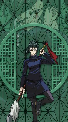 an anime character holding a broom in front of a green background