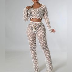 Description: Two Piece Set, Crop Top, Crochet, Round Neckline, Long Sleeves, No Closure, High Waisted Pants, Drawstring, Elastic Waist Band, Color Ivory Inseam Is 35 Inches, Model Is Wearing Small Crop Top Crochet, Crop Top Set, Crochet Crop, Crochet Round, Crochet Crop Top, Color Ivory, Two Piece Set, Ivory Color, Long Pants