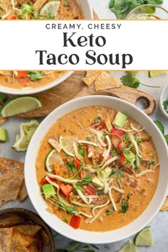 two bowls of creamy cheesy keto taco soup with tortilla chips