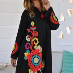 This Bohemian Multicolour Embroidery Dress Is A An Eye Catcher! It Is An Extremely Comfortable Wear, Light And Soft And Can Be Used On Many Occasions - Home Gatherings, Festival Parties, Summer Occasions, Dinners, Or Just In Your Home To Feel Comfortable. Fabric : 70% Egyptian Cotton; 30% Polyester. Large (Size 12) Bust : 44-45 Hip : 50-51 Multicolor Floral Embroidery Maxi Dress With Long Sleeves, Multicolor Long Sleeve Maxi Dress With Floral Embroidery, Long Sleeve Multicolor Maxi Dress With Floral Embroidery, Multicolor Long Sleeve Dress With Resham Embroidery, Floral Embroidered Long Sleeve Kaftan For Vacation, Spring Long Sleeve Kaftan With Floral Embroidery, Long Sleeve Floral Embroidery Kaftan For Vacation, Multicolor Long Embroidered Dress, Folk Style Long Sleeve Maxi Dress With Floral Embroidery