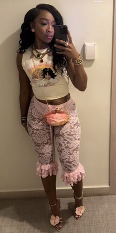 Pink Lace Up Heels Outfit, Birthday Outfit Vacation, Lace Shorts Outfit Black Women, Lace Up Heels Outfit, Pink Lace Up Heels, Pink Outfits Black Women Streetwear, Pink Fur Boots Outfit Black Women, Fur Heel Boots Outfit Black Women, Pink Lace Top Y2k