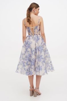 Hydrangea spaghetti strap midi dress ➤➤ Milla Dresses - USA, Worldwide delivery Midi Length Dresses With Fitted Bodice, Midi Length Dresses With Straps And Fitted Bodice, Strap Dresses With Fitted Bodice In Midi Length, Blue Dress With Adjustable Straps And Fitted Bodice, Elegant Midi Dress With Spaghetti Straps And Floral Print, Prom Midi Dress With Lined Bodice, Midi Dress With Lined Bodice For Prom, Blue Sleeveless Dress With Delicate Straps, Spring Midi Dress With Lace-up Back For Prom