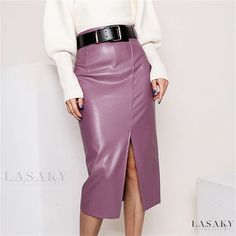 Lasaky - Genuine Leather High-waisted Midi Skirt with Slit, Sheepskin Bodycon Pencil Skirt Colocasia Esculenta, Long Leather Skirt, Halter Dress Short, Bodycon Pencil Skirt, Tube Top Dress, Leather Midi Skirt, Skirts Midi High Waisted, Cardigan Sweater Coat, High Waisted Pencil Skirt