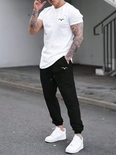 Men Bird Print Tee & Drawstring Waist Joggers Black and White Casual    Animal  Slight Stretch  Men Clothing, size features are:Bust: ,Length: ,Sleeve Length: White Shoes Outfit Men, Mens Joggers Outfit, White Shoes Outfit, Jogger Outfit, Black Outfit Men, Long Pants Outfit, Sneaker Outfits, Pants Outfit Men, Dope Outfits For Guys