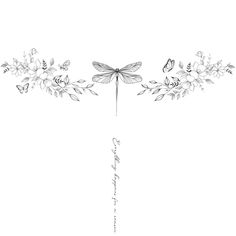 a drawing of a dragonfly flying over flowers