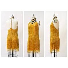 "80s Bob Mackie Super Chic Vintage Gold beaded and sequin dress features: * Silk chiffon body fully embellished with gold glass beads and stunning strands of beaded fringe * Beaded/sequined geometric pattern around neckline * Stunning t-strap back zip closure * Scalloped hemline * Fully lined with back zip closure * Great Vintage condition By Bob Mackie Boutique Size 6, fits like a small 100% silk Length from High point shoulder 33\" Bust 33\" Waist 30\" Hip 39\" All measurements are given in fu Gatsby Style Fitted Sequin Cocktail Dress, Fitted Gatsby Sequin Cocktail Dress, Fitted Gatsby Style Sequin Cocktail Dress, Fitted Embellished Flapper Sequin Dress, Summer Flapper Dresses With Sequins, Summer Flapper Sequin Dress, Fitted Gatsby Sequin Party Dress, Fitted Flapper Dress With Beaded Fringe, Fitted Beaded Fringe Flapper Dress For Costume Party