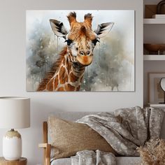 a painting of a giraffe in a living room