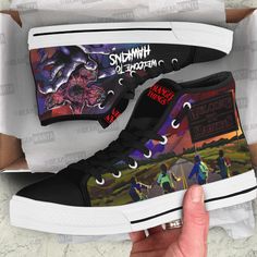 Stranger Things Hawkins High Top Shoes Custom Full canvas double sided print with rounded toe construction. Lace-up closure for a snug fit. Metal eyelets for a classic look Soft textile lining with lightweight construction for maximum comfort. High quality outsole for traction and exceptional durability. Please allow 7-10 business days to receive a tracking number while your order is hand-crafted, packaged and shipped from our facility. Size Chart: Stranger Things Merch Shoes, Custom Nike Shoes Stranger Things, Stranger Things Merch Blanket, Stranger Things Sublimation Tumbler, Stranger Things Bff Necklaces, Stranger Things Tree Topper, Max Shoes Stranger Things, Hellfire Shoes, Hellfire Club Shoes