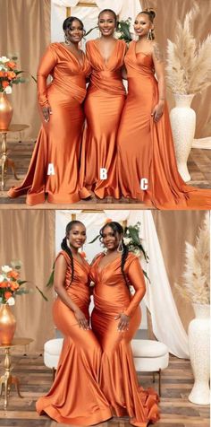 three women in orange dresses posing for the camera