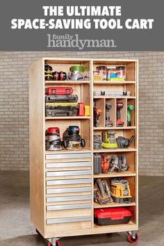 the handyman tool cabinet is open and has tools in it, with text that reads you're going to love this super capacity tool cart