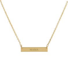 Personalized Gifting Made Easy To all the sweet mamas out there, we love you. This ultra sleek 14k solid gold bar necklace lets your mama know she rocks and is adored. Laser engraved Skinny Bar measures 3mm x 25mm x .70mm Necklace Length 18" Chain Closure: Spring Lock Available in 14k yellow and white gold Ships in 2 - 4 business days P.S. Don't get your mama that fake plated jewelry-stuff. She deserves a memorable gift that lasts a lifetime. We're here to make your life easier with easy, quality gifting. You can thank us later. Types Of Gold, Gold Bar Necklace, Broken Chain, Gold Bar, Plated Jewelry, Charm Gift, Memorable Gifts, Shades Of Black, Bar Necklace