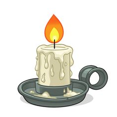 a burning candle in a saucer on a white background