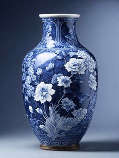 a blue and white vase sitting on top of a table