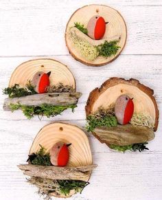 three wood slices with birds on them and moss growing in the middle, sitting on top of each other