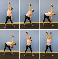 an image of a woman doing kettlebell exercises on her cell phone with the caption'kettlebell windmill '