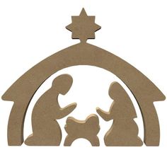 the nativity scene is made out of wood and has a star on top of it