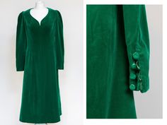 Vintage velvet midi dress. Made of green velvet. The highlight of this dress is heart or leaf shape neckline Condition: very good vintage condition. No holes or stains. Freshly laundered and ready to wear. Measurements: Labeled as a size 40 EU | Best Fit: M-L All measurements are taken lying flat and have already been doubled shoulders: 38 cm | 15'' breast: 96 cm | 38'' waist: 88 cm | 35'' hips: 106 cm | 42'' length: 110 cm | 43'' Vintage Green Winter Dresses, Green Vintage Winter Dress, Gothic Green, Velvet Evening Gown, Midi Gowns, Green Velvet Dress, Velvet Midi Dress, Gothic Dress, Vintage Velvet