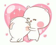 two white bears hugging each other in front of a heart