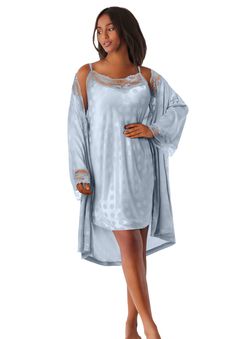 Feel luxurious in this beautiful satin nightgown and dressing robe set, perfect for a touch of romance and comfort. Slip features adjustable skinny straps and elegant lace trim for a feminine touch. Enjoy the full-sweep design of the nightgown, offering ultimate comfort and ease of movement. Coordinating robe with long sleeves enhances the set with lace trim on the neck and cuffs for a refined look. Keep everything secured with the included self-tie sash, ensuring a perfect fit all night long. T Wedge Dress Shoes, Satin Nightgown, Peignoir Sets, One Piece Clothing, Satin Short, Womens Scrubs, One Piece Pajamas, Swimsuits For All, Pearl Grey