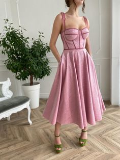 Gown - Teuta Matoshi Duriqi Pink Colour Dress, Teuta Matoshi, Tea Length Dress, Dress Corset, Boned Bodice, Pink Tea, Pink Lady, Fame Dr, Dress Inspo