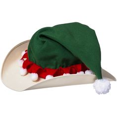 a green hat with red and white pom poms