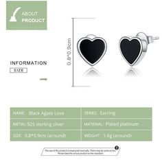 Simple Charm Jewelry. Genuine 925 Sterling Silver Black Agate Love Stud Earrings for Women. Korean Jewelry CQE915. Main Stone: Zircon Item Weight: 1.6g Origin: CN(Origin) Certificate: Yes Metals Type: Silver Metal Stamp: 925,Sterling is_customized: Yes Fine or Fashion: Fine Back Finding: Push-back Gender: Women Side Stone: None Earring Type: Stud Earrings Style: TRENDY Shape\pattern: Heart Occasion: Engagement Certificate Type: GDTC Material: 925 Sterling Silver Occasion: Wedding, Anniversary, E Elegant Black Heart Earrings For Anniversary, Black Earrings For Anniversary On Valentine's Day, Black Earrings For Valentine's Day Anniversary, Nickel-free Black Jewelry For Valentine's Day, Black Nickel-free Jewelry For Valentine's Day, Korean Jewelry, Mini Earrings, Wholesale Gifts, Punk Jewelry