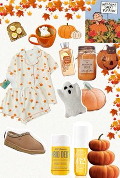 an assortment of items that include pumpkins and other things