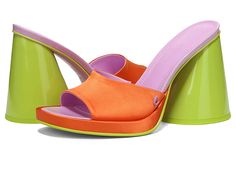 Circus NY Haynes - Women's Shoes : Orange Popsicle Multi : Bring on a vibrant whiff to your look by slipping into the Circus by Sam Edelman Haynes mules. Smooth PU upper with signature metallic logo detail. Synthetic lining with a cushioned foam footbed. Easy slip-on style. Oblique, square toe silhouette. Cone-shaped block heel. Durable rubber outsole. Imported. Measurements: Heel Height: 4 in. Trendy Platform Slip-on Slides, Summer Party Slip-on Slides, Spring Platform Slip-on Slides, Spring Slip-on Platform Slides, Spring Synthetic Mules With Sculpted Heel, Trendy Slip-on Mules With Sculpted Heel, Spring Retro High Heel Mules, Retro High Heel Mules For Spring, Summer Slip-on Mules With Padded Heel