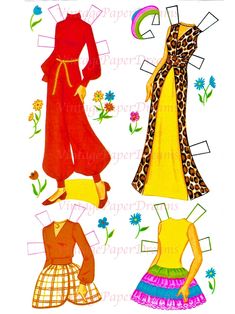 paper doll clothes with different patterns and designs on them, including one woman's dress