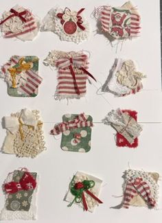 an assortment of handmade christmas gifts on a white board with red and green ribbons