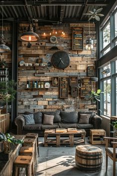 a living room filled with lots of furniture and wooden wall mounted clocks on the walls