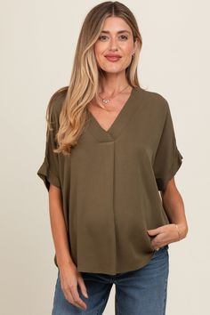 Olive V-Neck Pin-Tuck Detail Maternity Top Khaki V-neck Top For Spring, Olive V-neck Tops For Spring, Chic Relaxed Fit Khaki Top, Olive Tops For Summer Workwear, Versatile Green V-neck Top, Summer Olive Tops With Relaxed Fit, Olive Relaxed Fit Top For Work, Olive Relaxed Fit Summer Tops, Summer Olive Relaxed Fit Tops